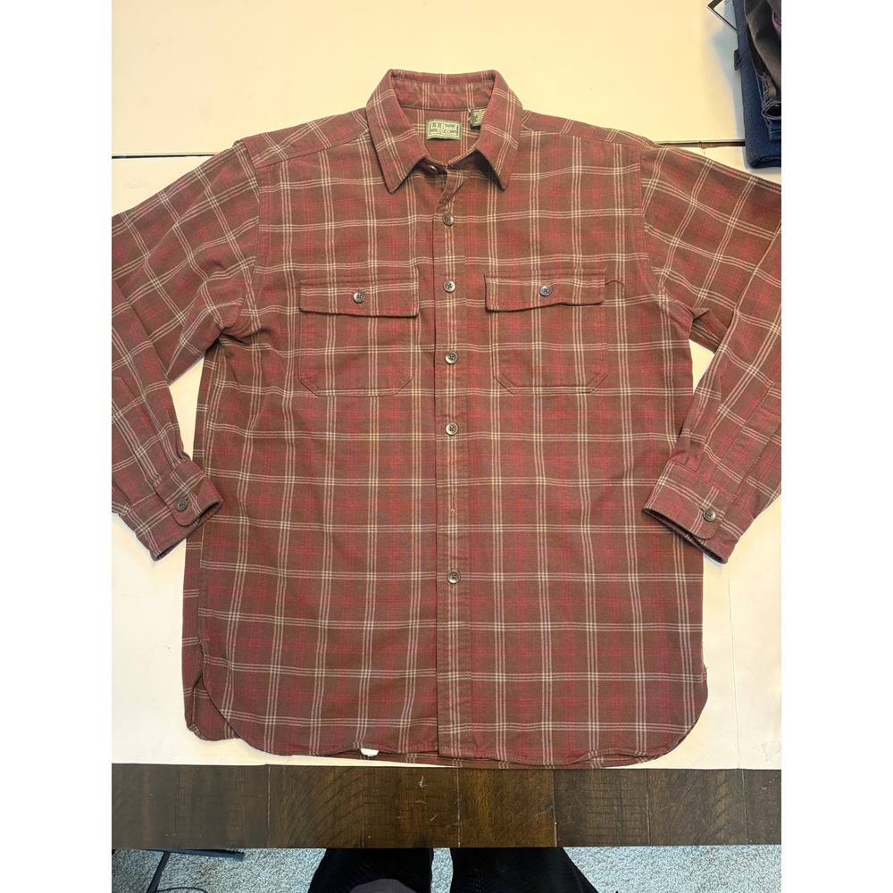 LL Bean Mens Medium Plaid Flannel Shirt Burgundy Brown Cotton Made in USA